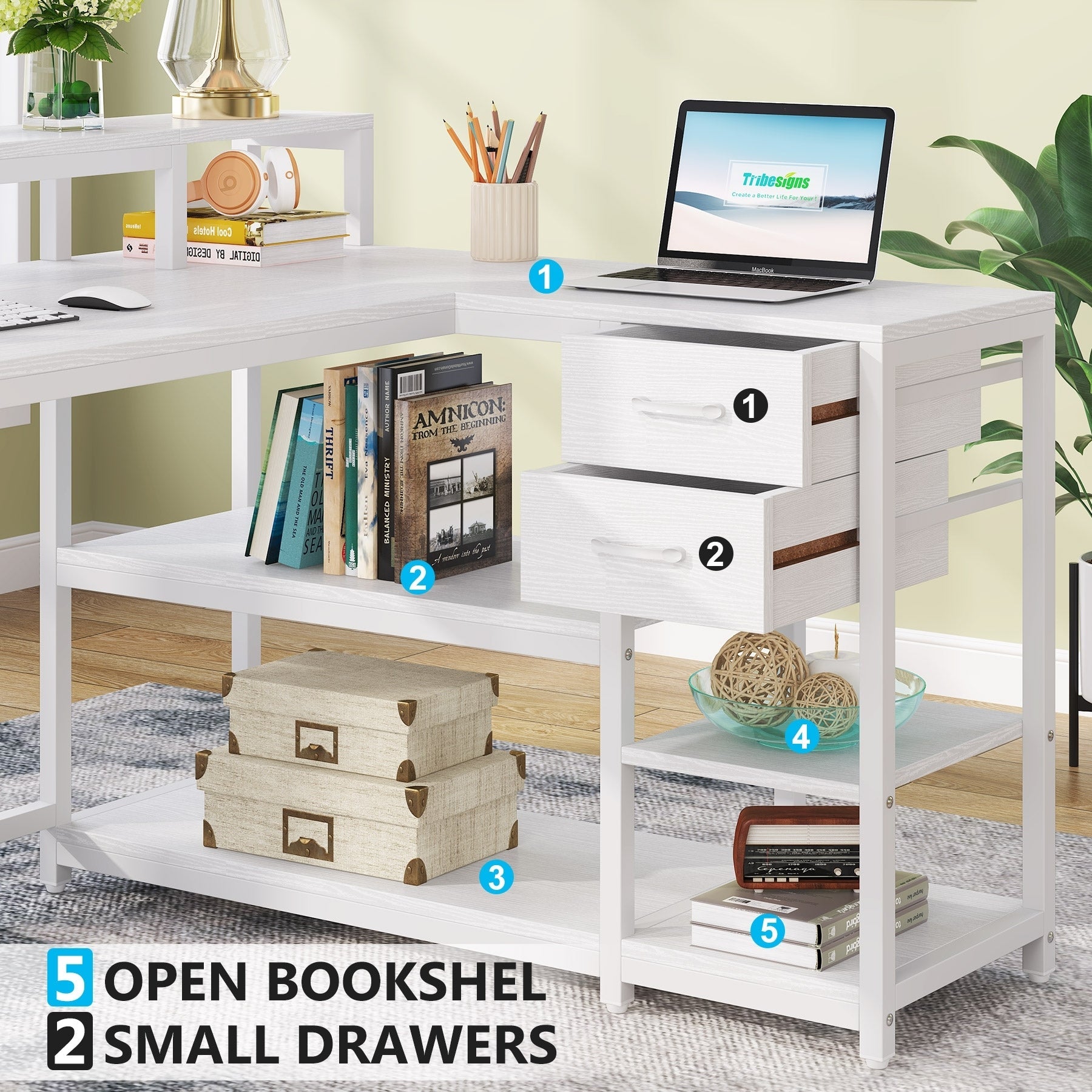 Bureau en L avec tiroir, bureau d'angle avec étagères de rangement et support d'écran, bureau PC rustique pour petit espace