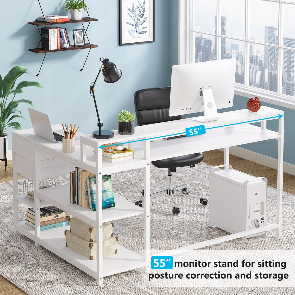 Bureau en L avec tiroir, bureau d'angle avec étagères de rangement et support d'écran, bureau PC rustique pour petit espace