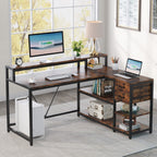 Bureau en L avec tiroir, bureau d'angle avec étagères de rangement et support d'écran, bureau PC rustique pour petit espace