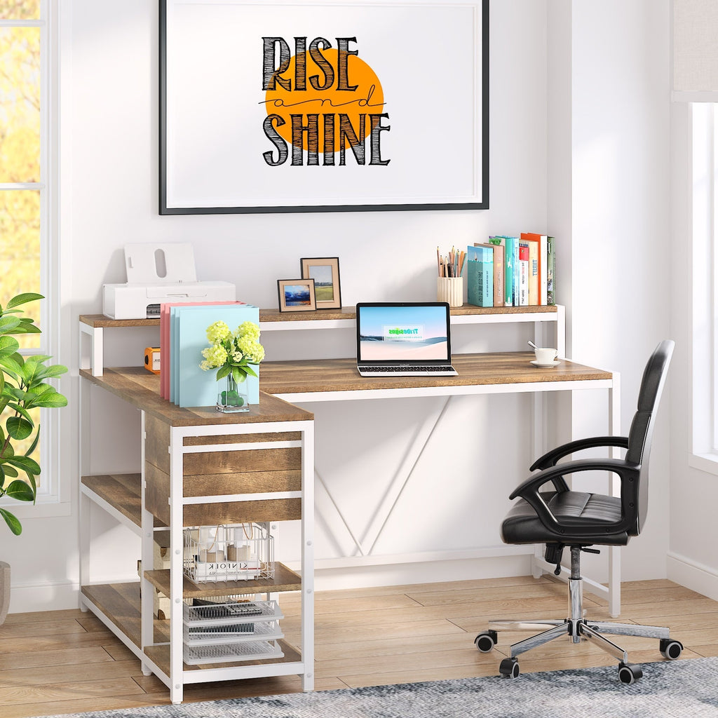 Bureau en L avec tiroir, bureau d'angle avec étagères de rangement et support d'écran, bureau PC rustique pour petit espace