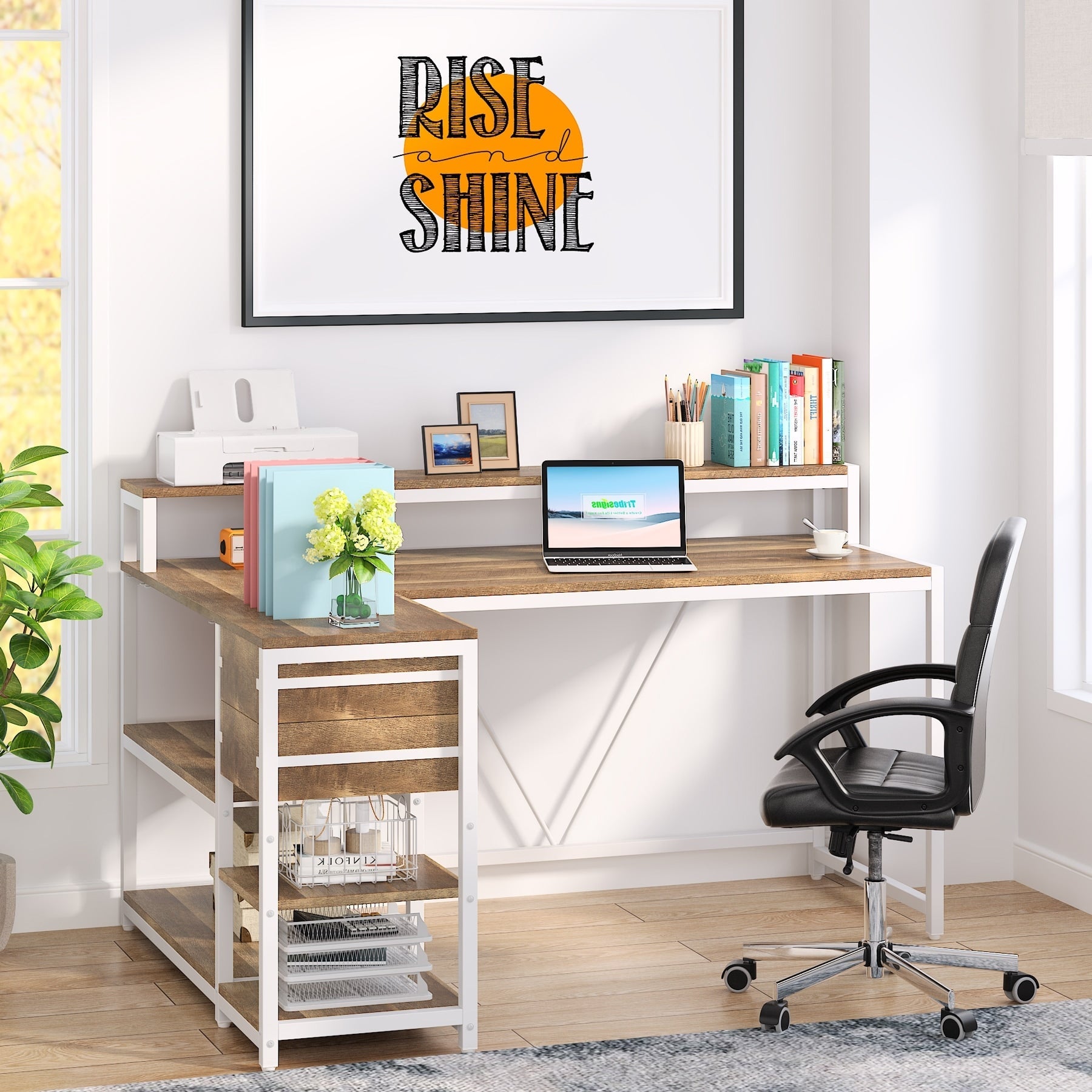 Bureau en L avec tiroir, bureau d'angle avec étagères de rangement et support d'écran, bureau PC rustique pour petit espace
