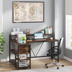 Bureau en L avec tiroir, bureau d'angle avec étagères de rangement et support d'écran, bureau PC rustique pour petit espace
