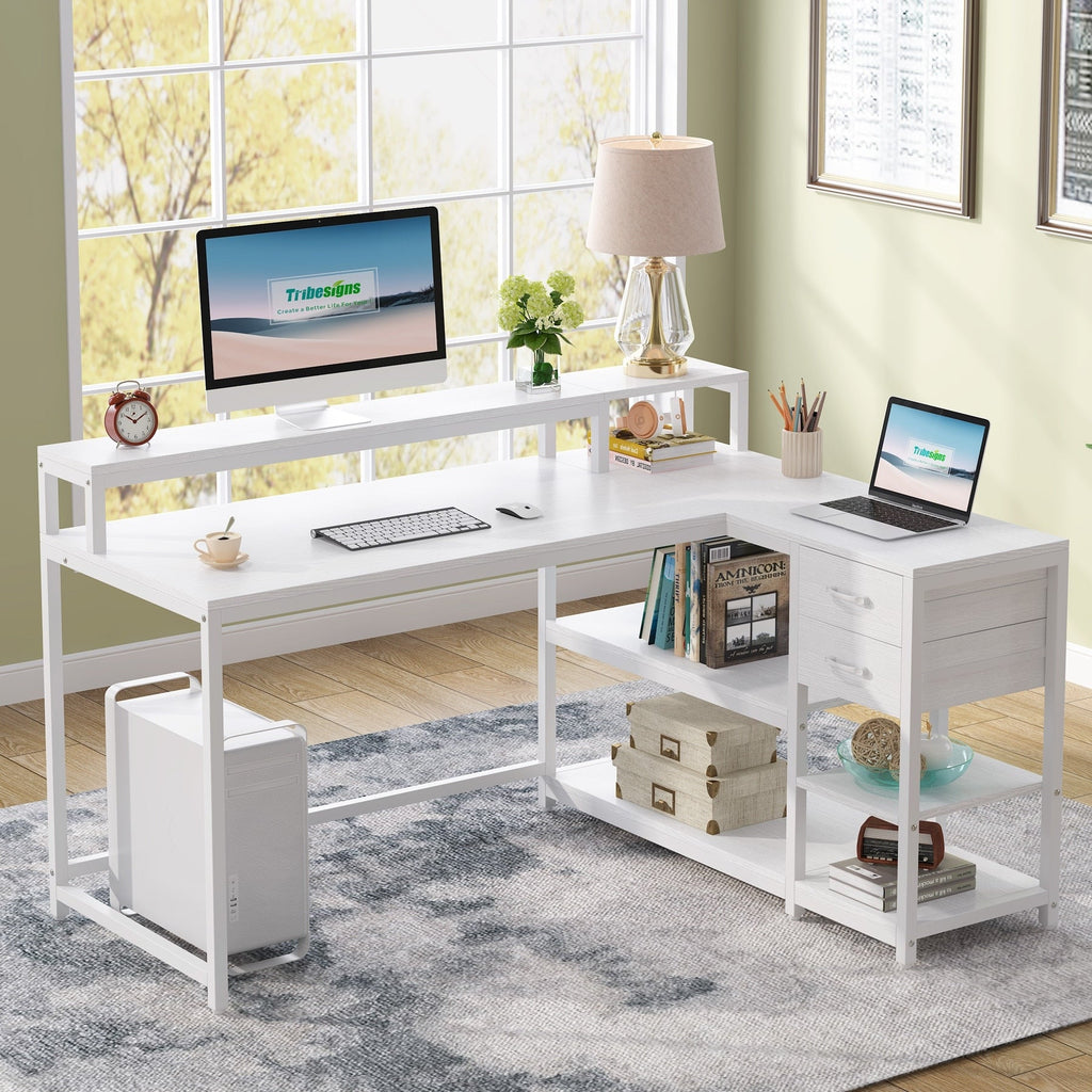 Bureau en L avec tiroir, bureau d'angle avec étagères de rangement et support d'écran, bureau PC rustique pour petit espace