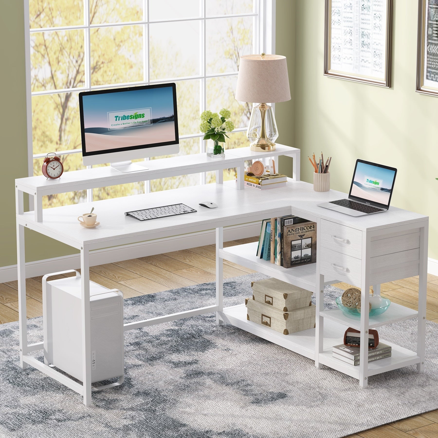 Bureau en L avec tiroir, bureau d'angle avec étagères de rangement et support d'écran, bureau PC rustique pour petit espace