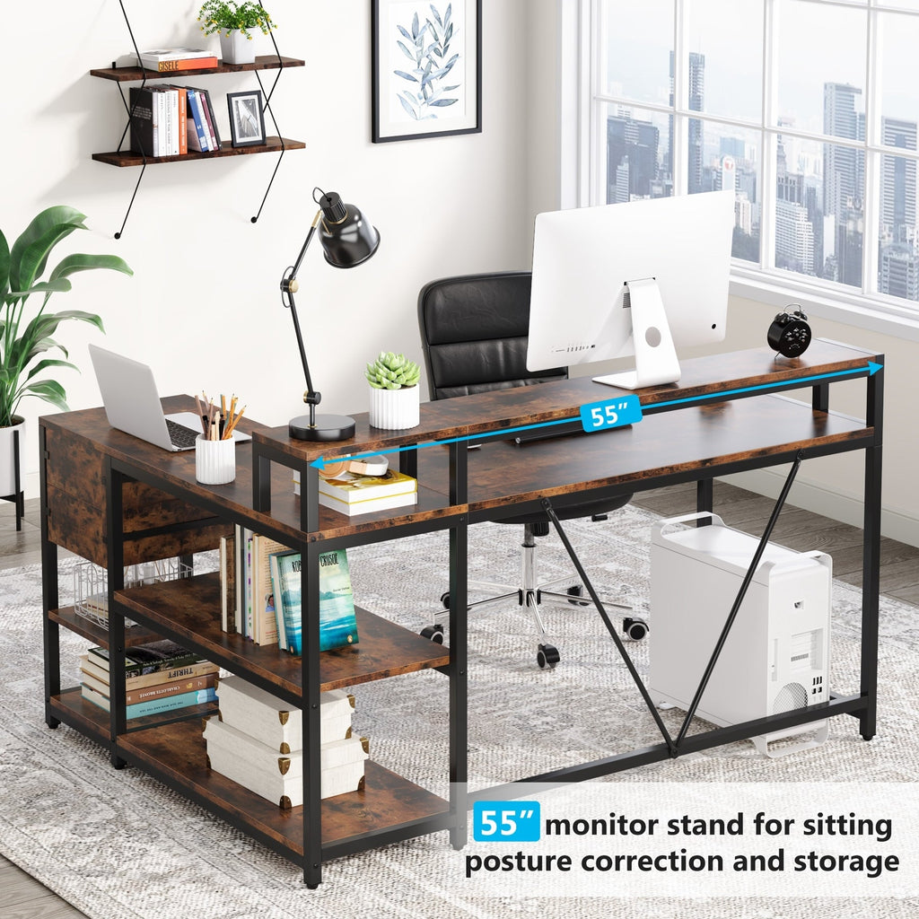 Bureau en L avec tiroir, bureau d'angle avec étagères de rangement et support d'écran, bureau PC rustique pour petit espace
