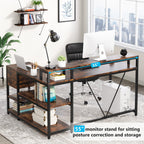 Bureau en L avec tiroir, bureau d'angle avec étagères de rangement et support d'écran, bureau PC rustique pour petit espace