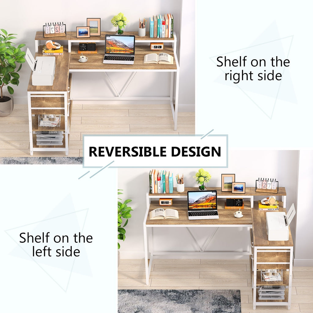 Bureau en L avec tiroir, bureau d'angle avec étagères de rangement et support d'écran, bureau PC rustique pour petit espace
