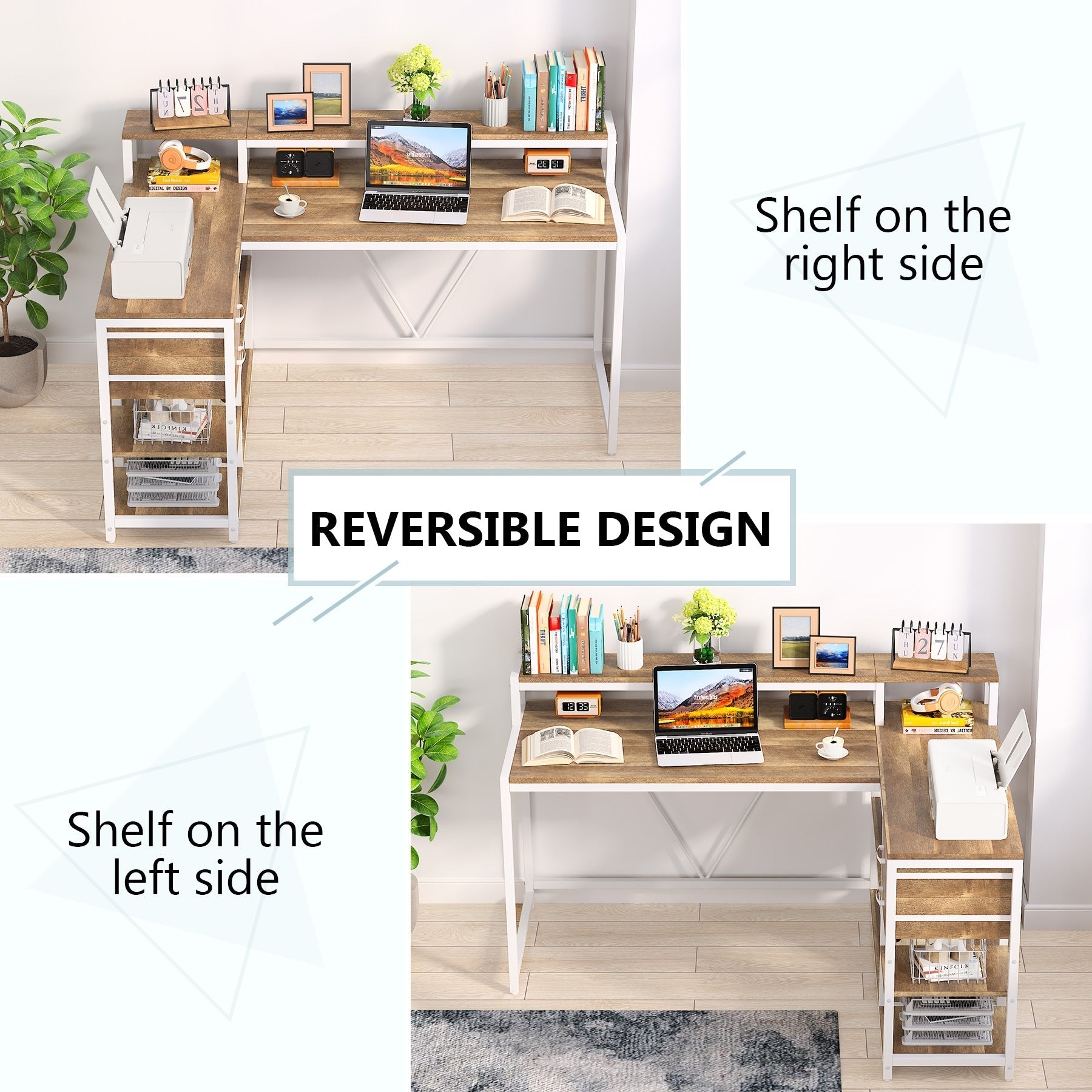Bureau en L avec tiroir, bureau d'angle avec étagères de rangement et support d'écran, bureau PC rustique pour petit espace