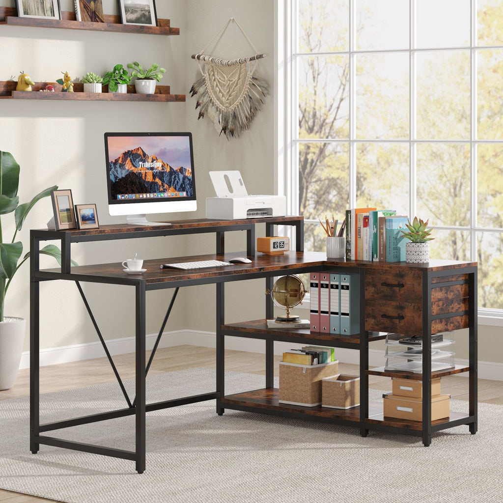 Bureau en L avec tiroir, bureau d'angle avec étagères de rangement et support d'écran, bureau PC rustique pour petit espace