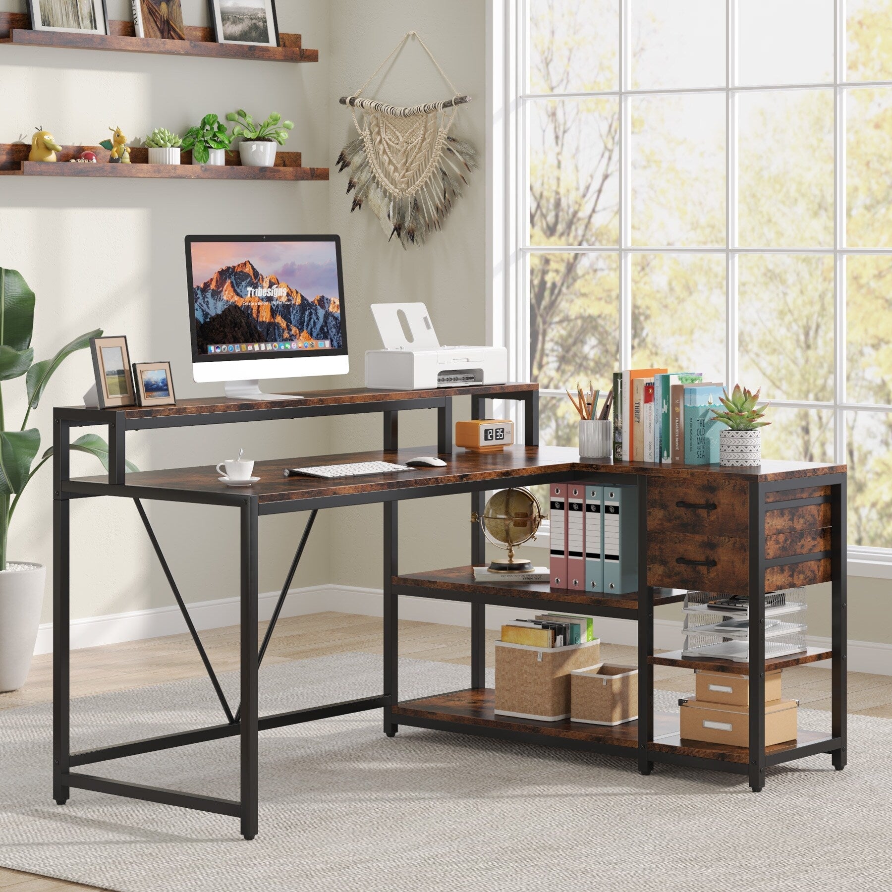 Bureau en L avec tiroir, bureau d'angle avec étagères de rangement et support d'écran, bureau PC rustique pour petit espace