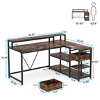 Bureau en L avec tiroir, bureau d'angle avec étagères de rangement et support d'écran, bureau PC rustique pour petit espace