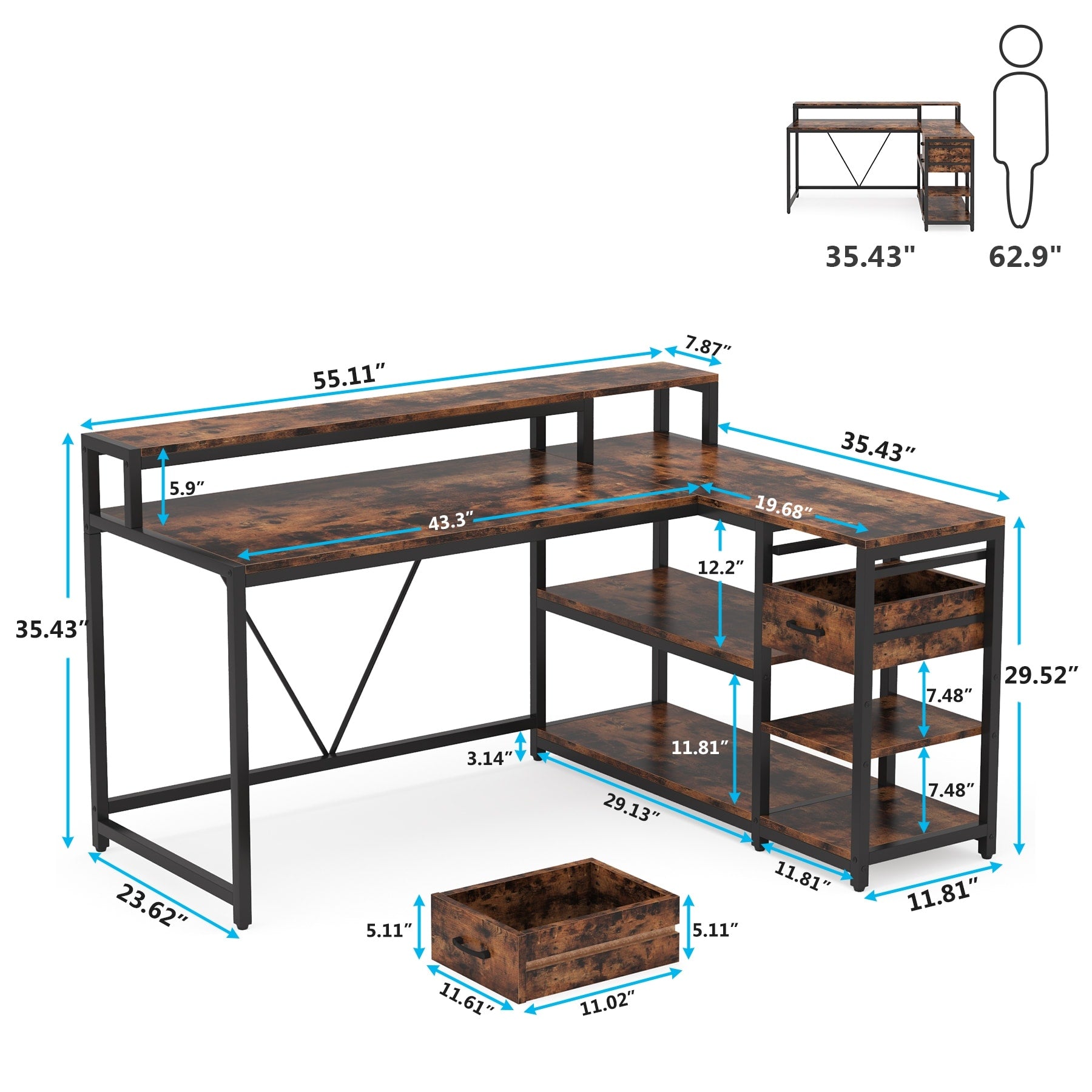 Bureau en L avec tiroir, bureau d'angle avec étagères de rangement et support d'écran, bureau PC rustique pour petit espace