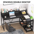 Bureau en L avec tiroir, bureau d'angle avec étagères de rangement et support d'écran, bureau PC rustique pour petit espace