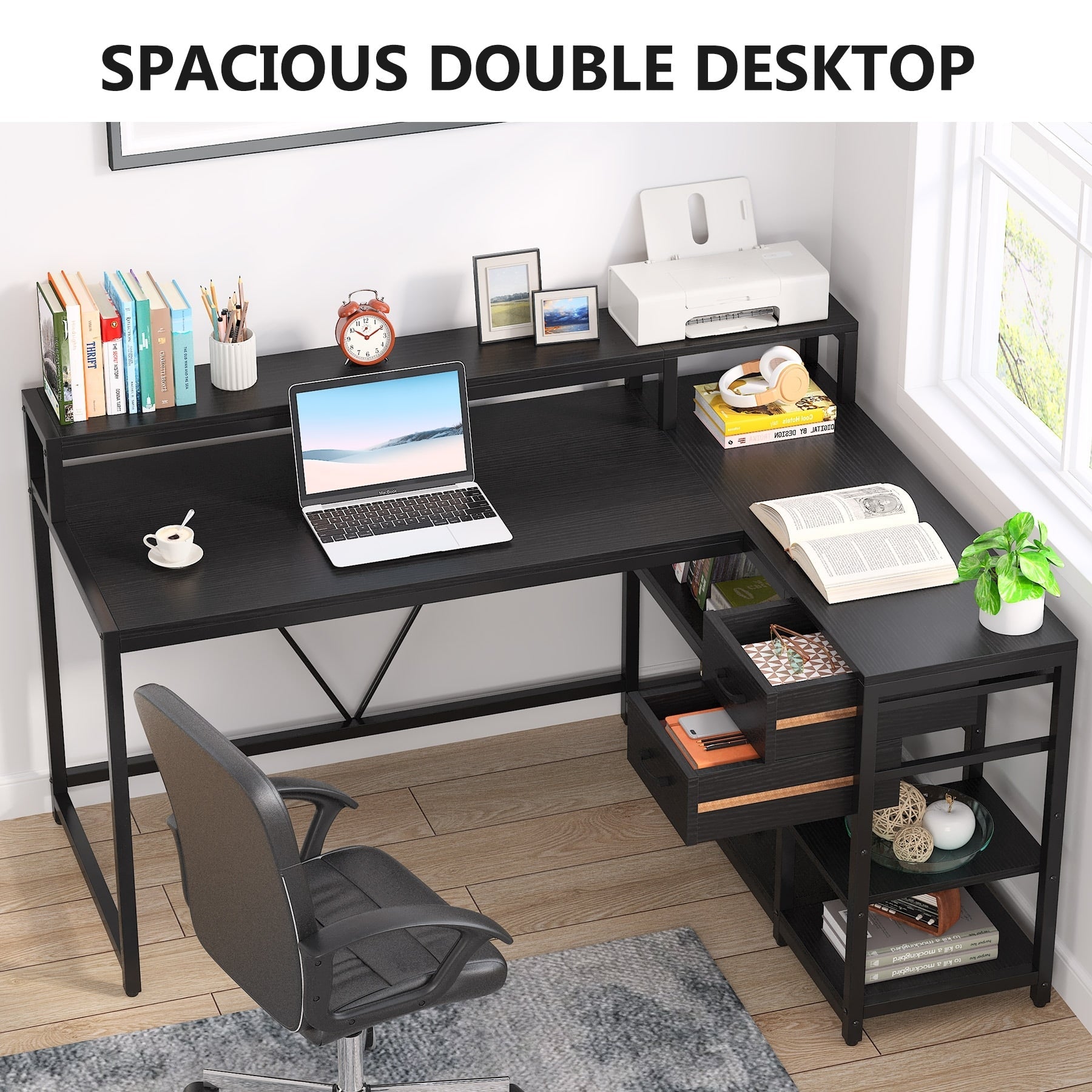 Bureau en L avec tiroir, bureau d'angle avec étagères de rangement et support d'écran, bureau PC rustique pour petit espace
