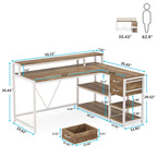Bureau en L avec tiroir, bureau d'angle avec étagères de rangement et support d'écran, bureau PC rustique pour petit espace