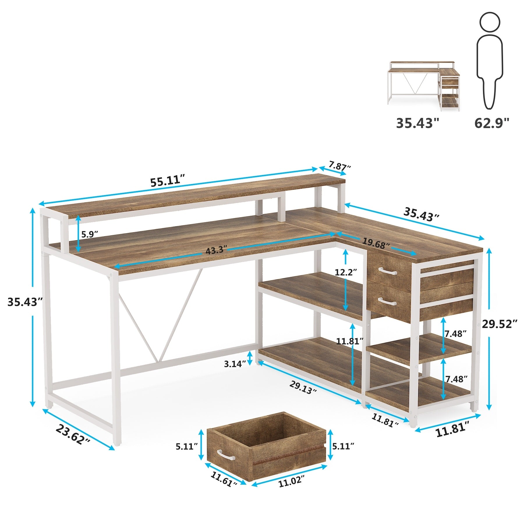 Bureau en L avec tiroir, bureau d'angle avec étagères de rangement et support d'écran, bureau PC rustique pour petit espace