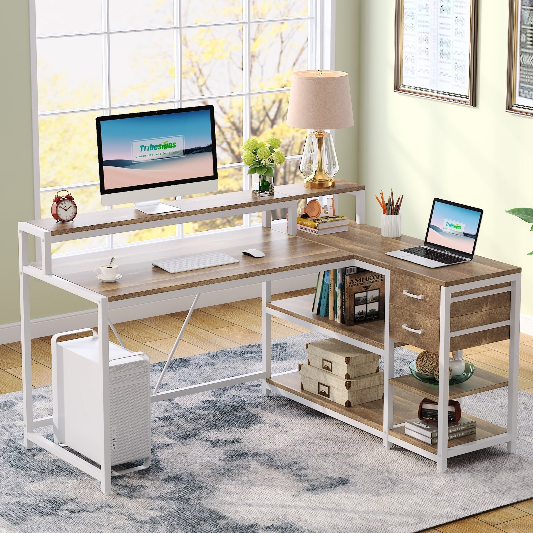Bureau en L avec tiroir, bureau d'angle avec étagères de rangement et support d'écran, bureau PC rustique pour petit espace