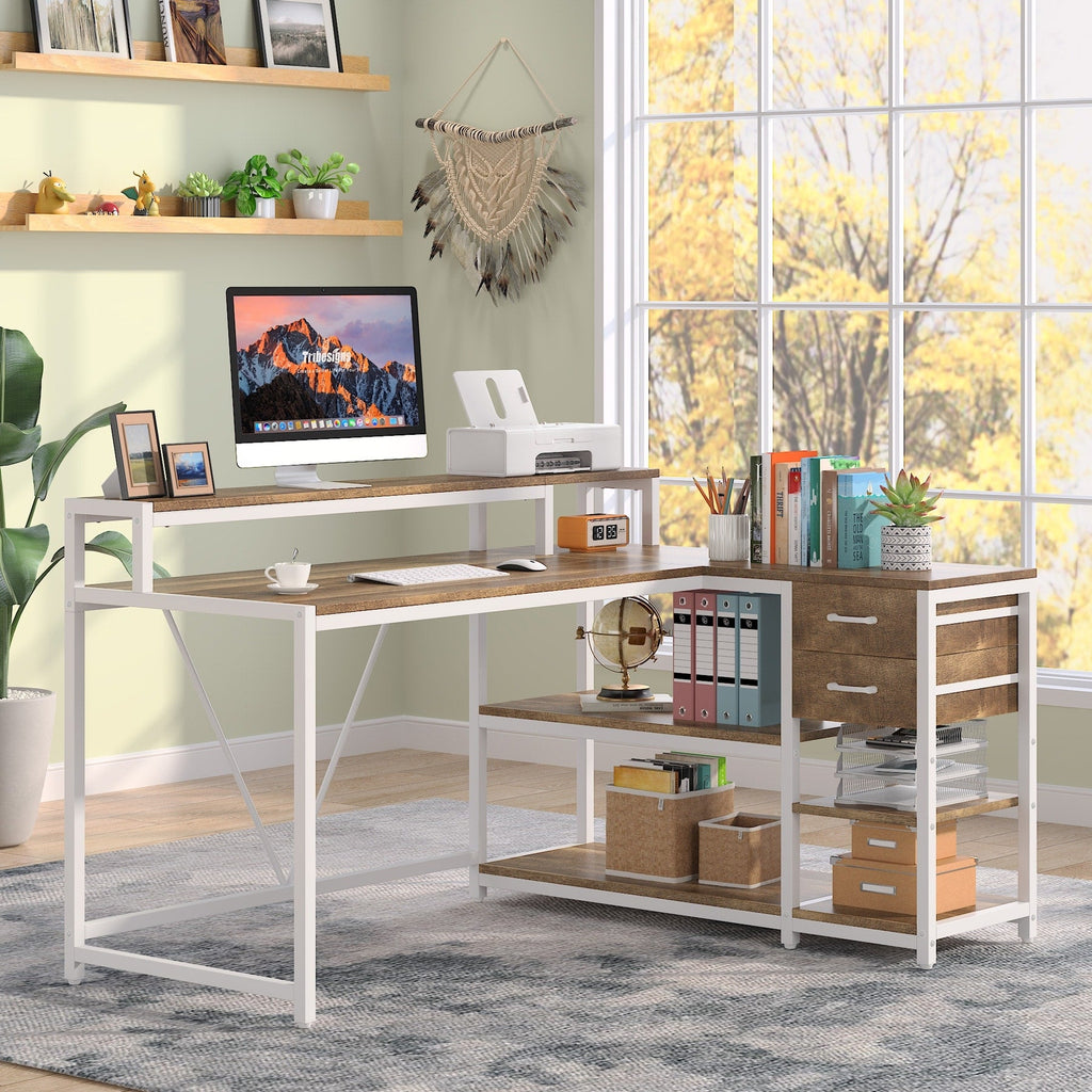 Bureau en L avec tiroir, bureau d'angle avec étagères de rangement et support d'écran, bureau PC rustique pour petit espace