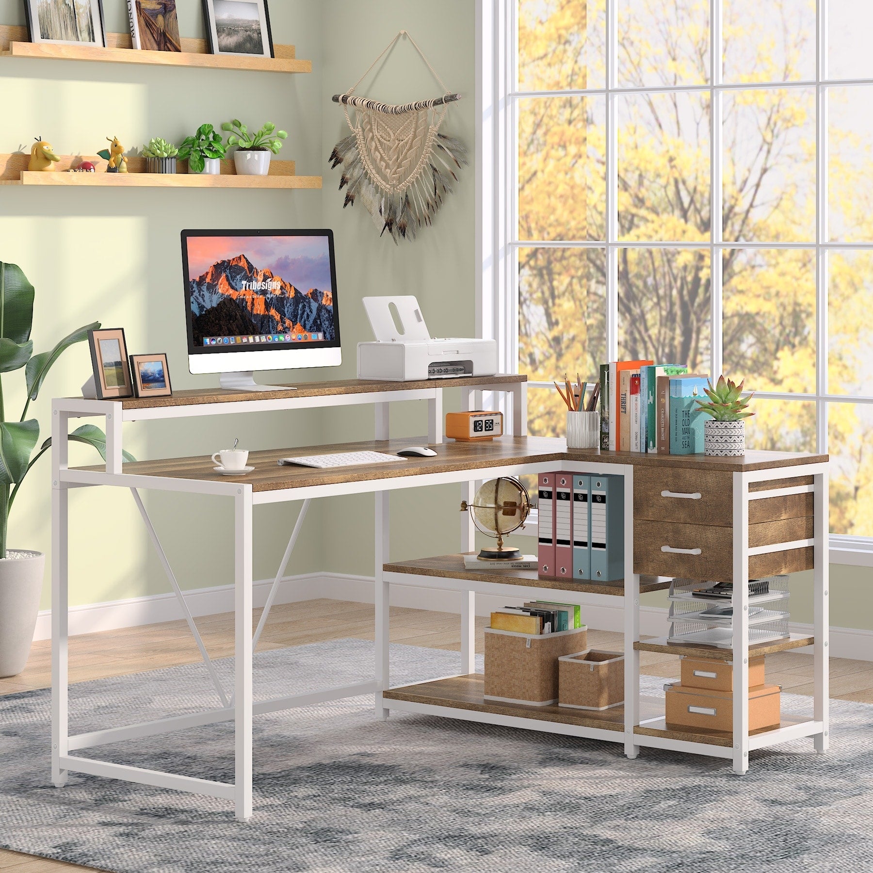 Bureau en L avec tiroir, bureau d'angle avec étagères de rangement et support d'écran, bureau PC rustique pour petit espace