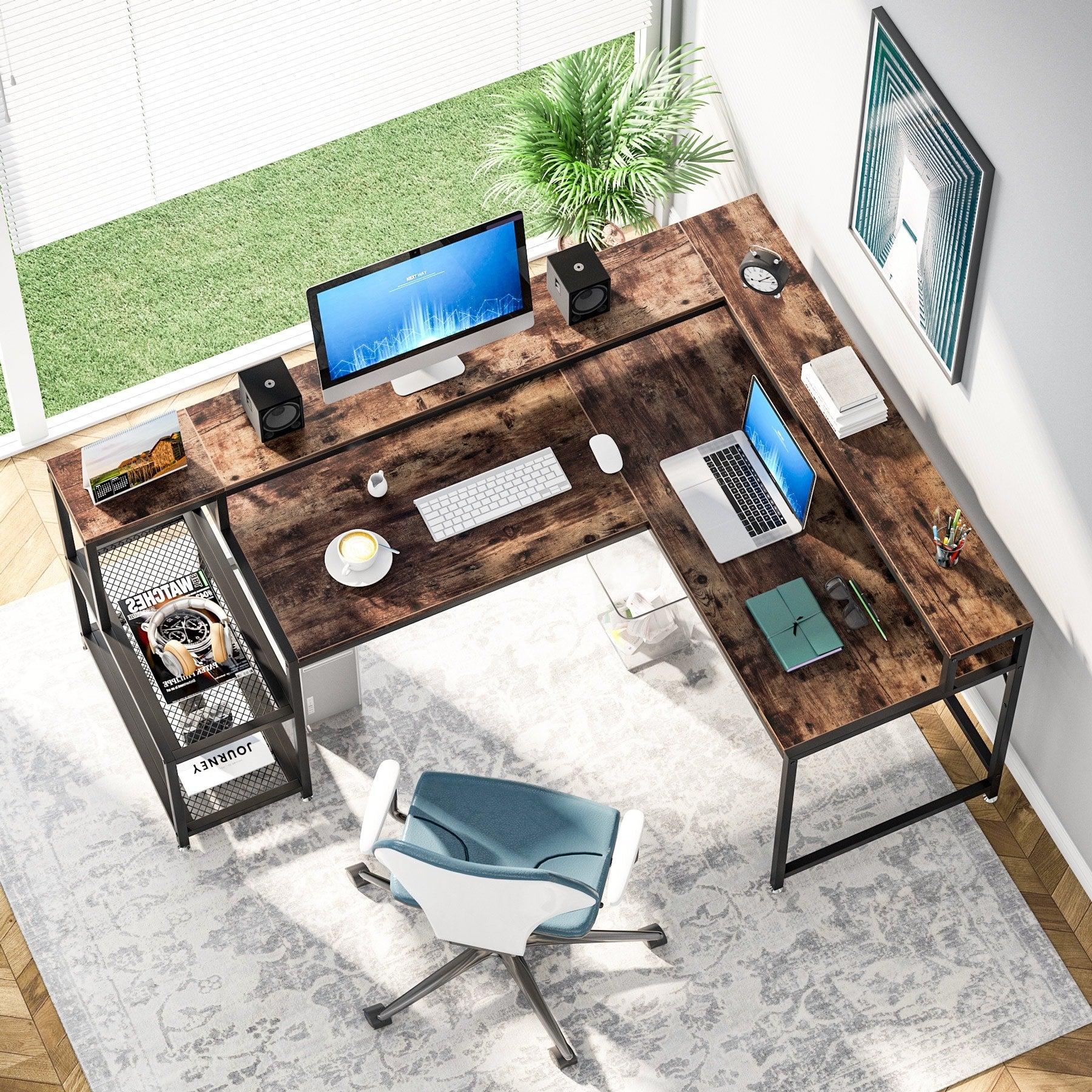 Bureau en L avec étagère pour écran, bureau d'angle réversible pour bureau à domicile 69