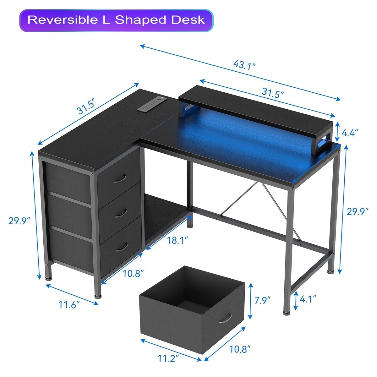 Bureau en L avec prises de courant et lumières LED
