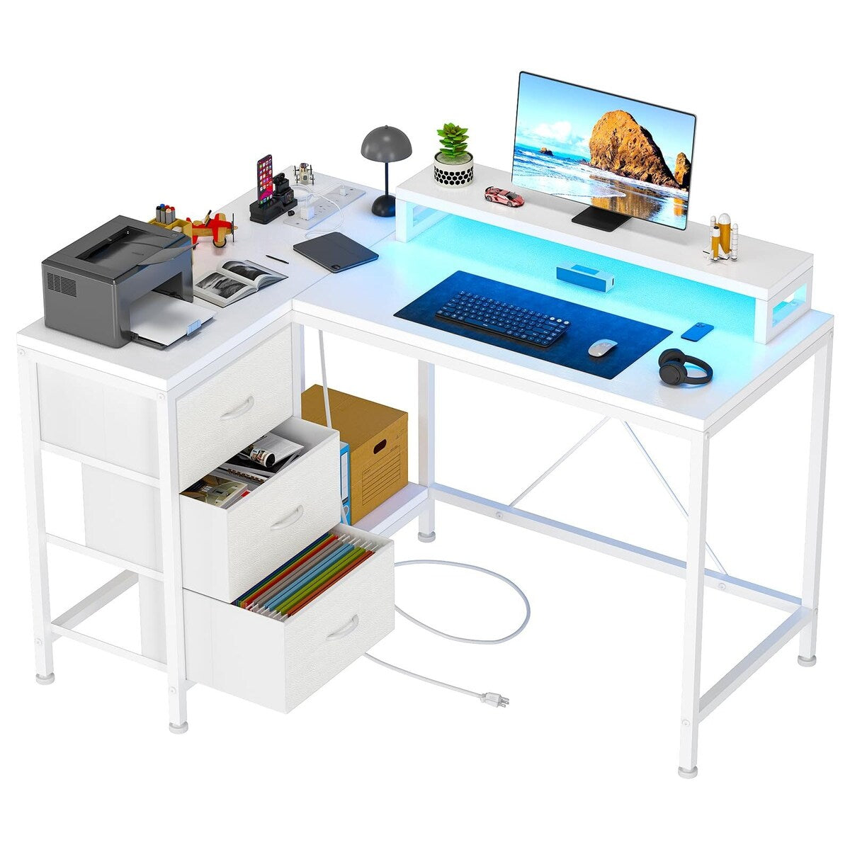 Bureau en L avec prises de courant et lumières LED