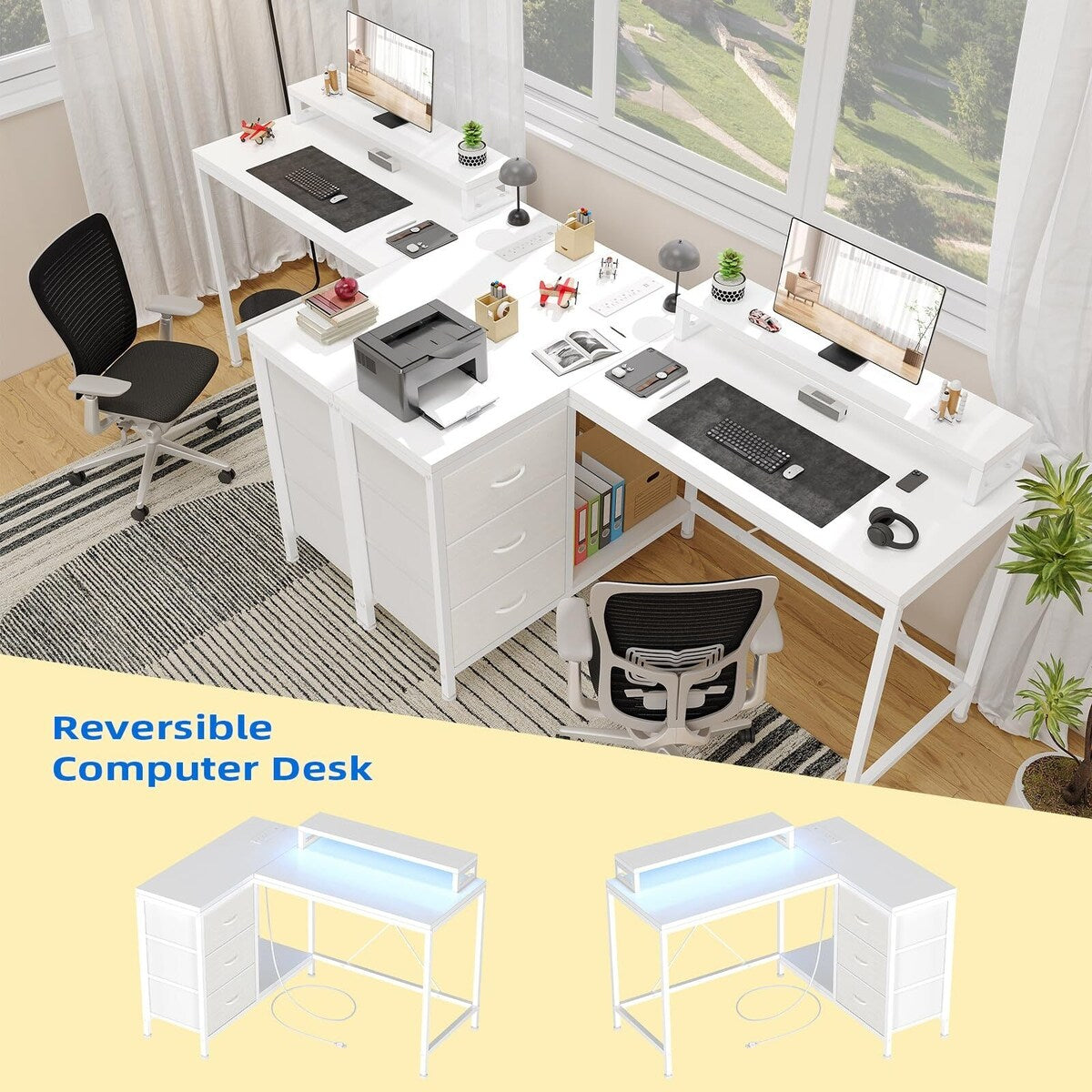 Bureau en L avec prises de courant et lumières LED