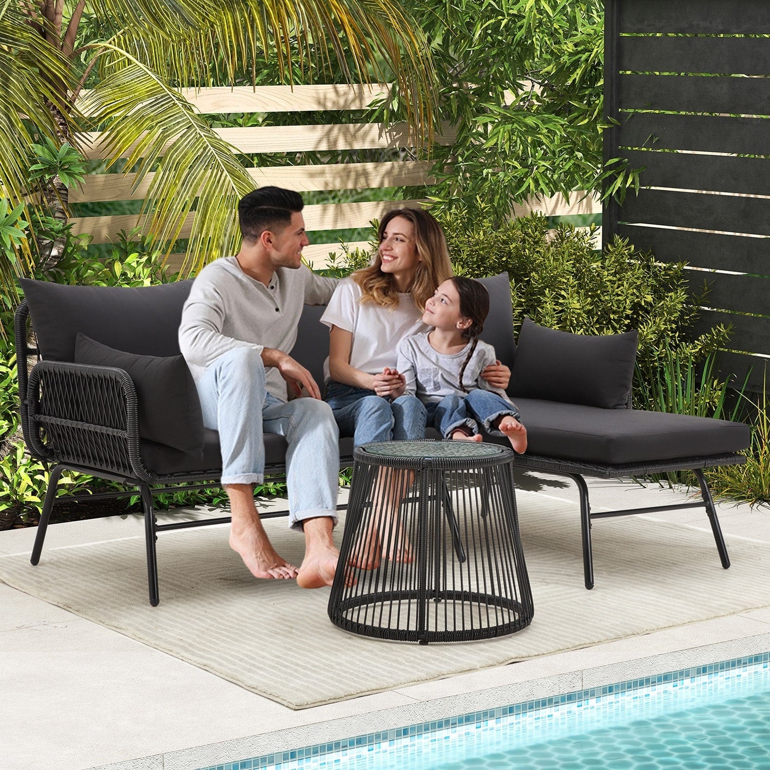 Ensemble de canapés de conversation sectionnels en osier, ensemble de meubles de patio 3 pièces avec coussins épais et table basse en verre trempé