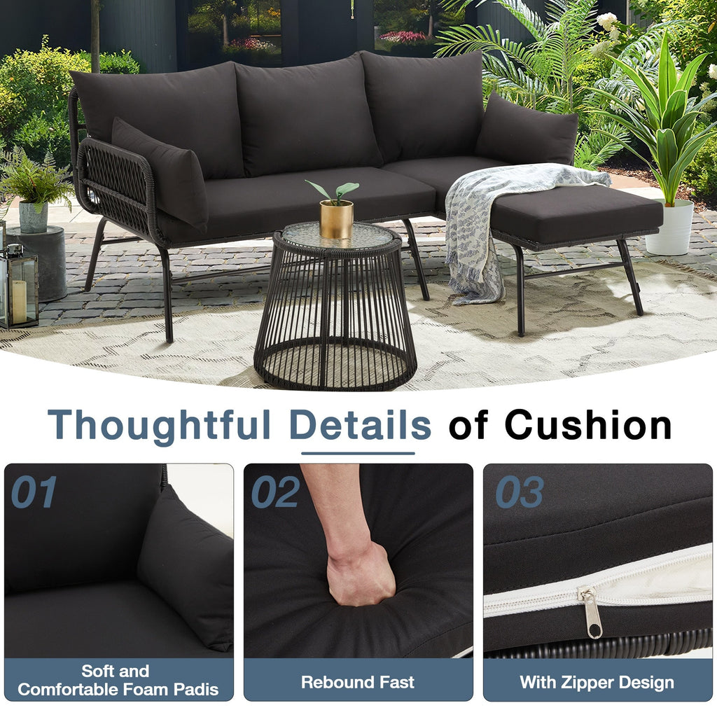 Ensemble de canapés de conversation sectionnels en osier, ensemble de meubles de patio 3 pièces avec coussins épais et table basse en verre trempé