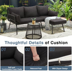 Ensemble de canapés de conversation sectionnels en osier, ensemble de meubles de patio 3 pièces avec coussins épais et table basse en verre trempé