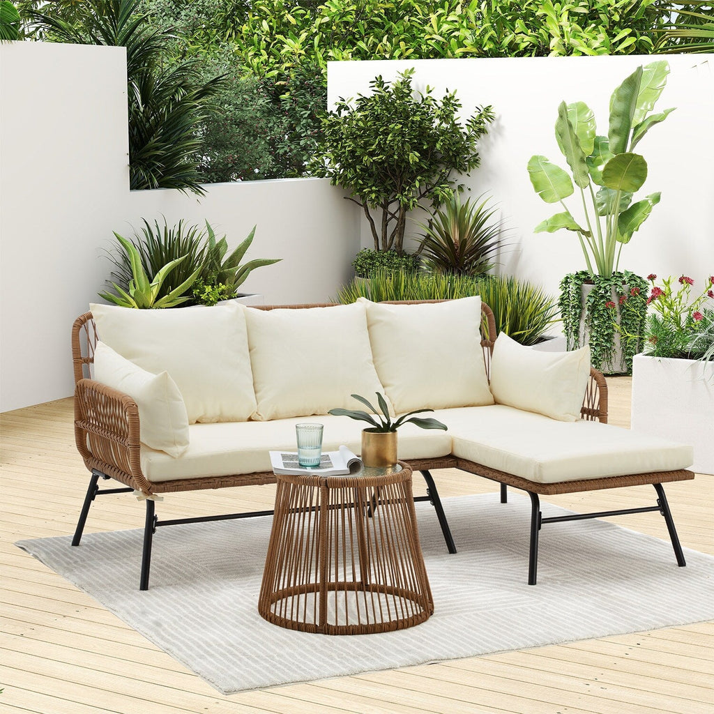 Ensemble de canapés de conversation sectionnels en osier, ensemble de meubles de patio 3 pièces avec coussins épais et table basse en verre trempé