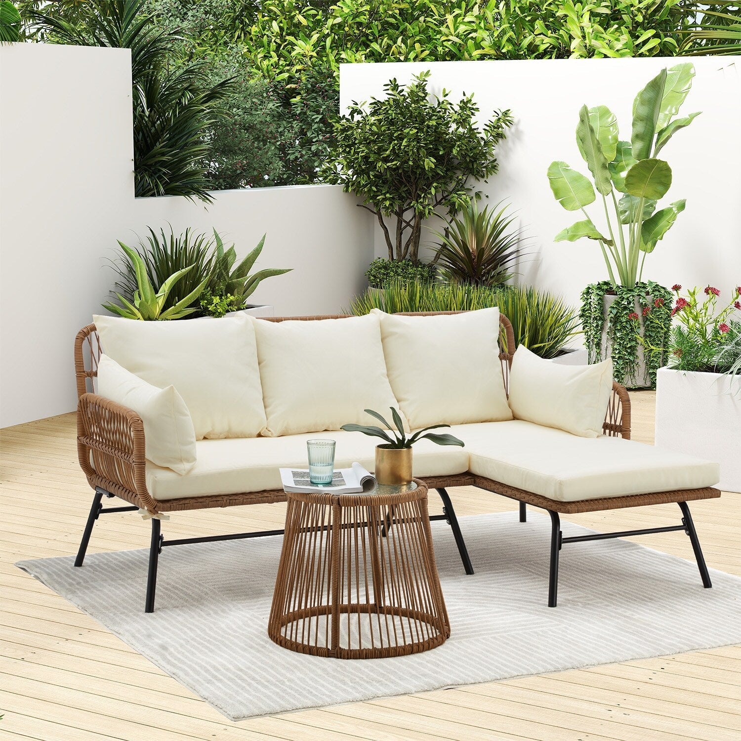 Ensemble de canapés de conversation sectionnels en osier, ensemble de meubles de patio 3 pièces avec coussins épais et table basse en verre trempé