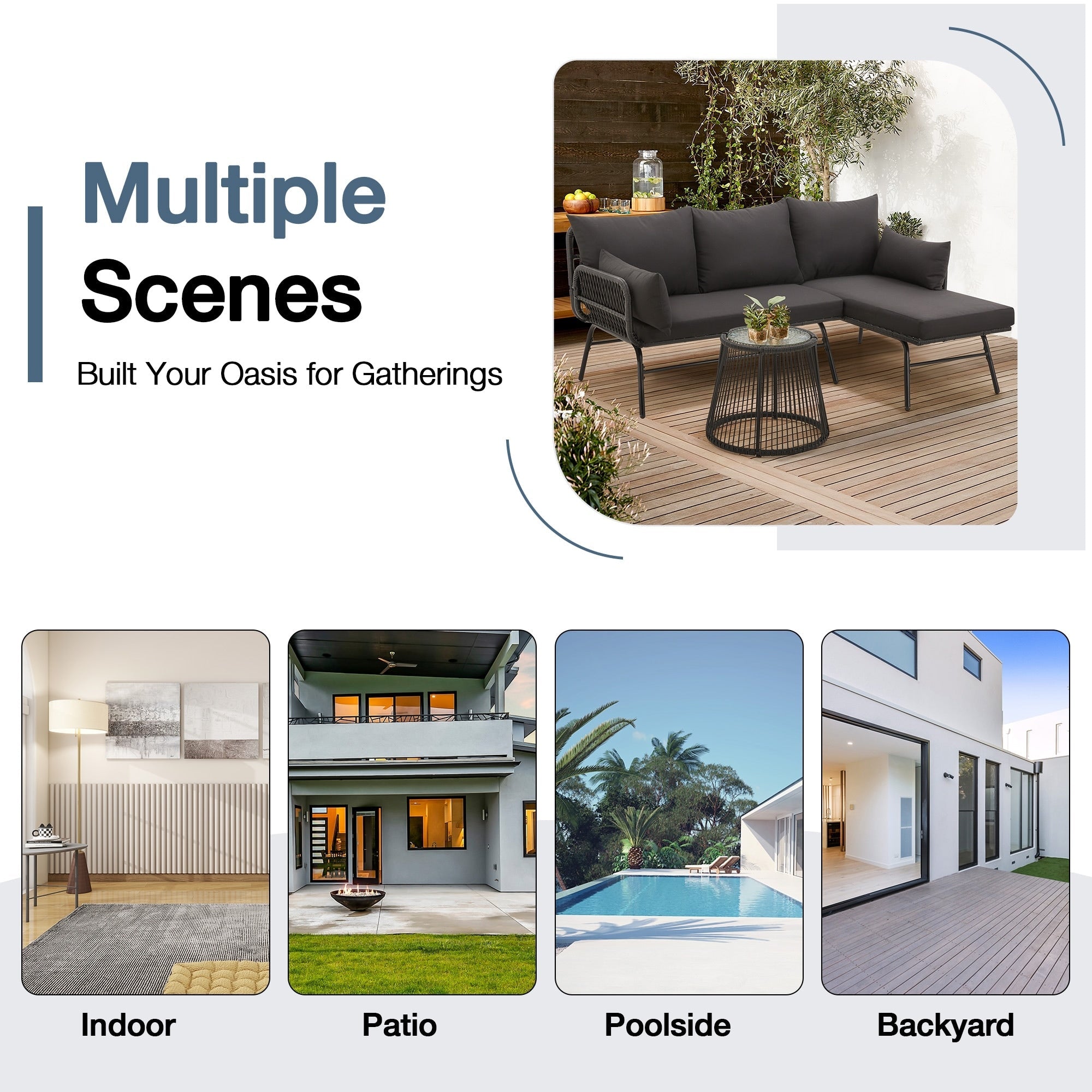Ensemble de canapés de conversation sectionnels en osier, ensemble de meubles de patio 3 pièces avec coussins épais et table basse en verre trempé
