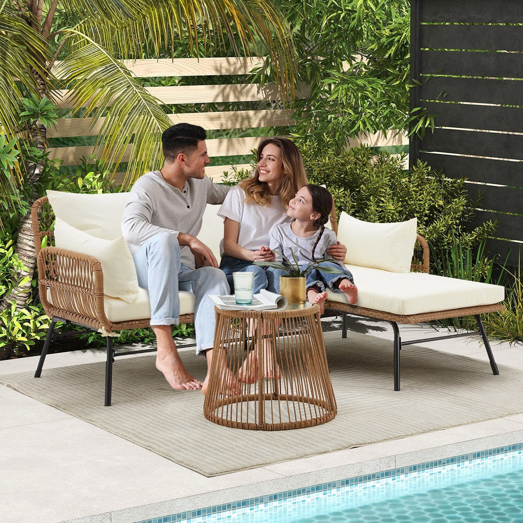 Ensemble de canapés de conversation sectionnels en osier, ensemble de meubles de patio 3 pièces avec coussins épais et table basse en verre trempé