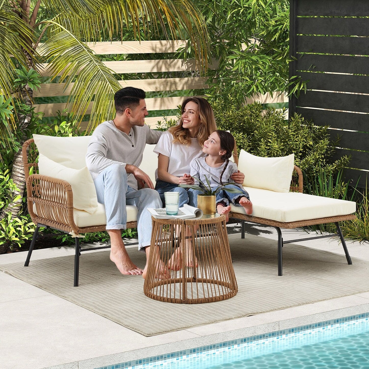 Ensemble de canapés de conversation sectionnels en osier, ensemble de meubles de patio 3 pièces avec coussins épais et table basse en verre trempé