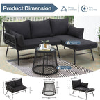 Ensemble de canapés de conversation sectionnels en osier, ensemble de meubles de patio 3 pièces avec coussins épais et table basse en verre trempé