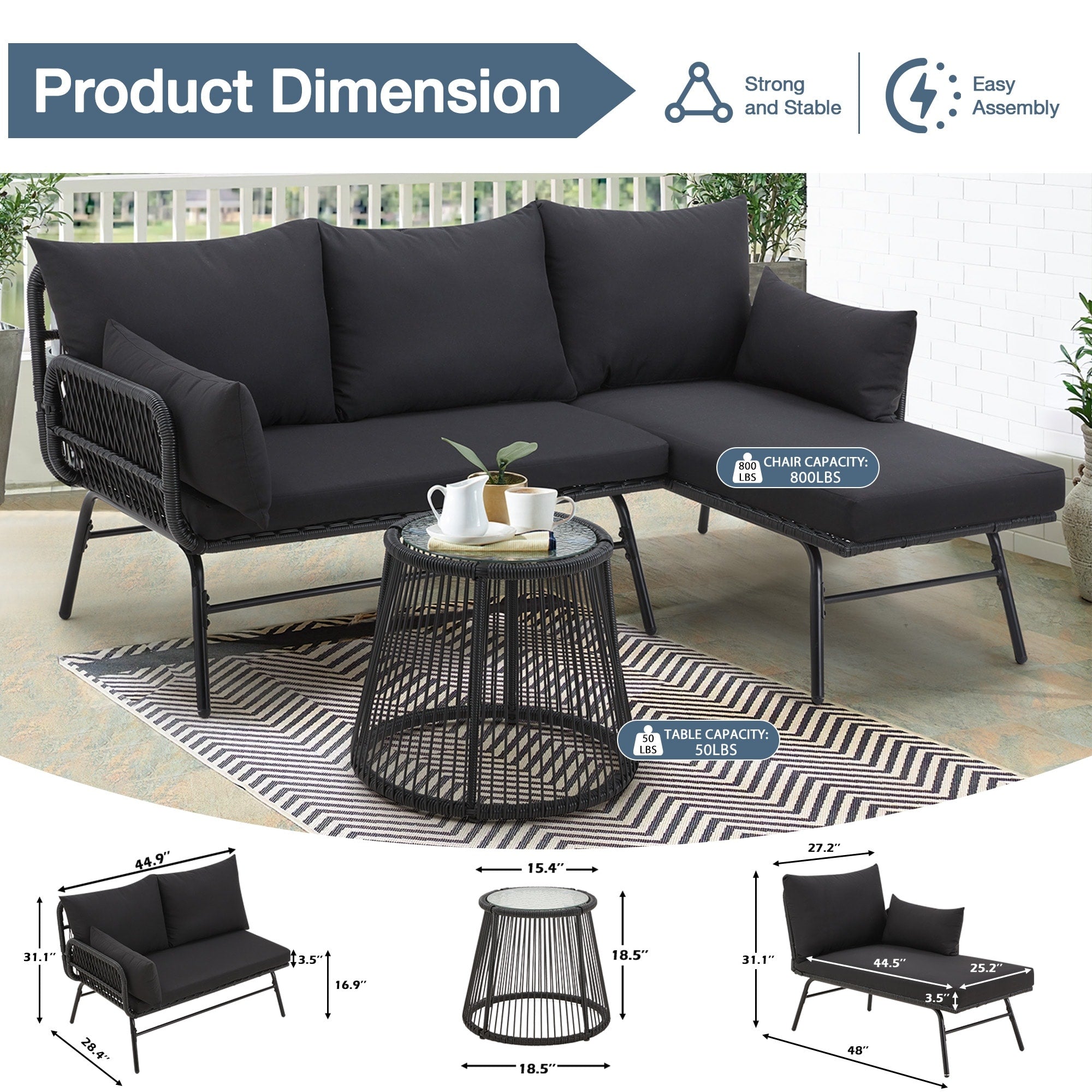 Ensemble de canapés de conversation sectionnels en osier, ensemble de meubles de patio 3 pièces avec coussins épais et table basse en verre trempé