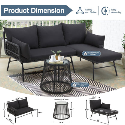 Ensemble de canapés de conversation sectionnels en osier, ensemble de meubles de patio 3 pièces avec coussins épais et table basse en verre trempé