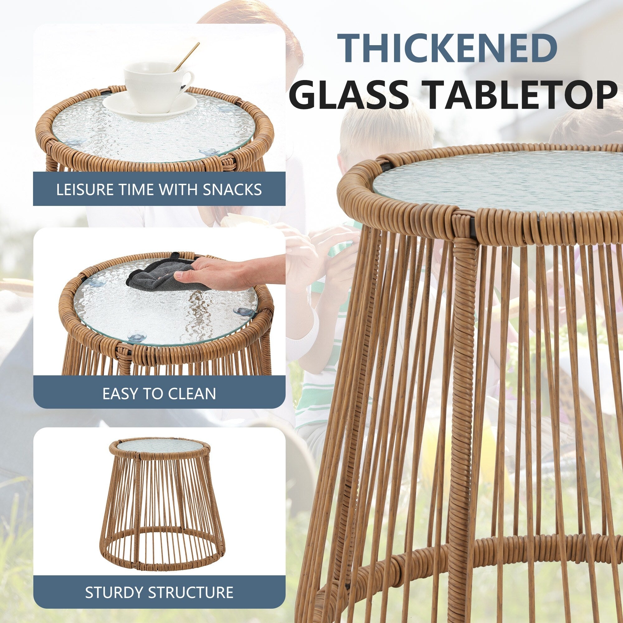 Ensemble de canapés de conversation sectionnels en osier, ensemble de meubles de patio 3 pièces avec coussins épais et table basse en verre trempé