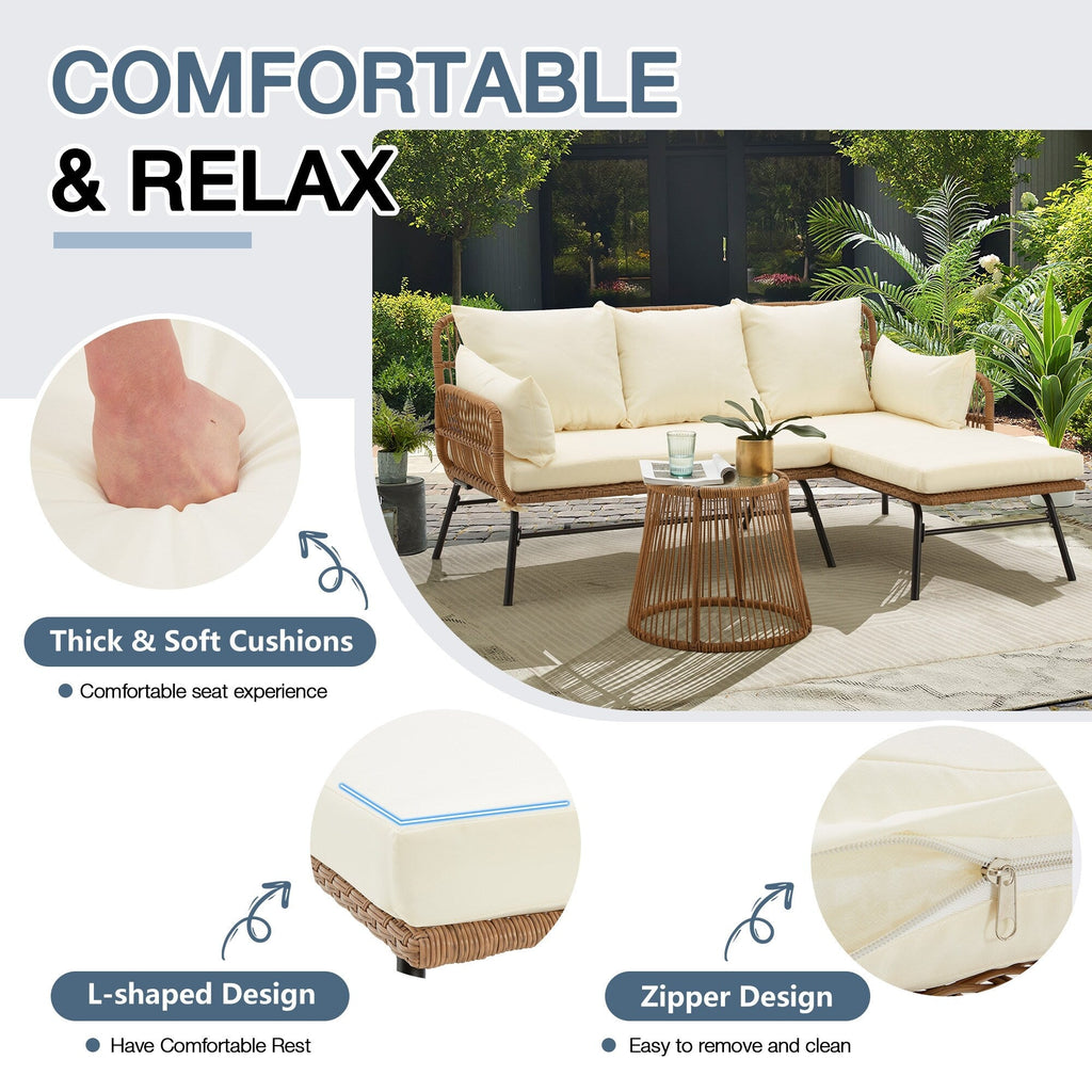Ensemble de canapés de conversation sectionnels en osier, ensemble de meubles de patio 3 pièces avec coussins épais et table basse en verre trempé
