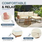 Ensemble de canapés de conversation sectionnels en osier, ensemble de meubles de patio 3 pièces avec coussins épais et table basse en verre trempé