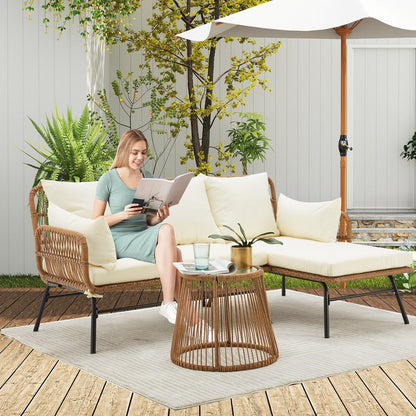 Ensemble de canapés de conversation sectionnels en osier, ensemble de meubles de patio 3 pièces avec coussins épais et table basse en verre trempé
