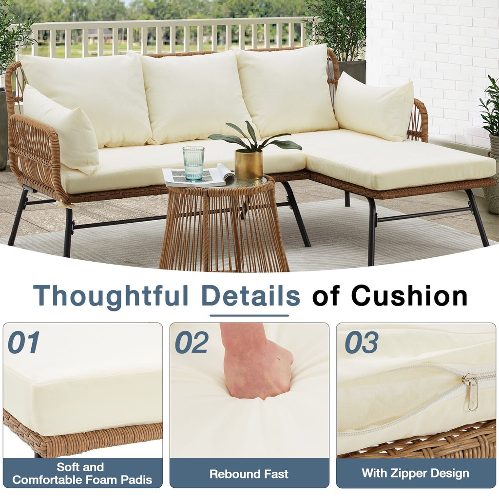Ensemble de canapés de conversation sectionnels en osier, ensemble de meubles de patio 3 pièces avec coussins épais et table basse en verre trempé