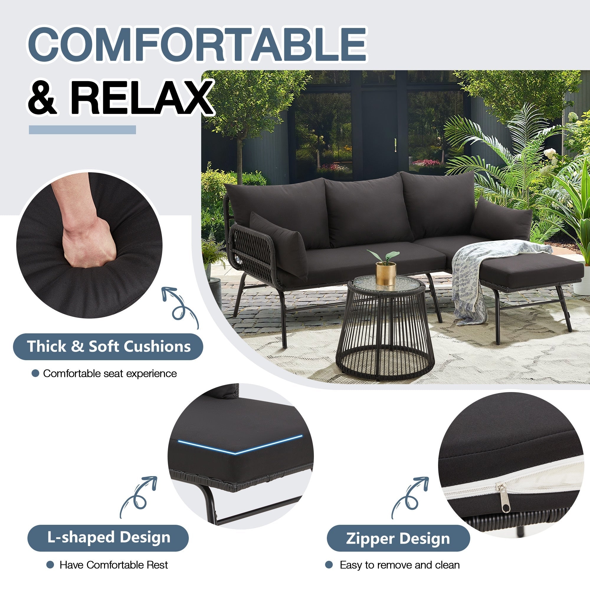 Ensemble de canapés de conversation sectionnels en osier, ensemble de meubles de patio 3 pièces avec coussins épais et table basse en verre trempé