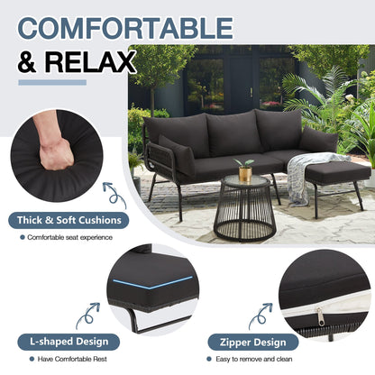 Ensemble de canapés de conversation sectionnels en osier, ensemble de meubles de patio 3 pièces avec coussins épais et table basse en verre trempé