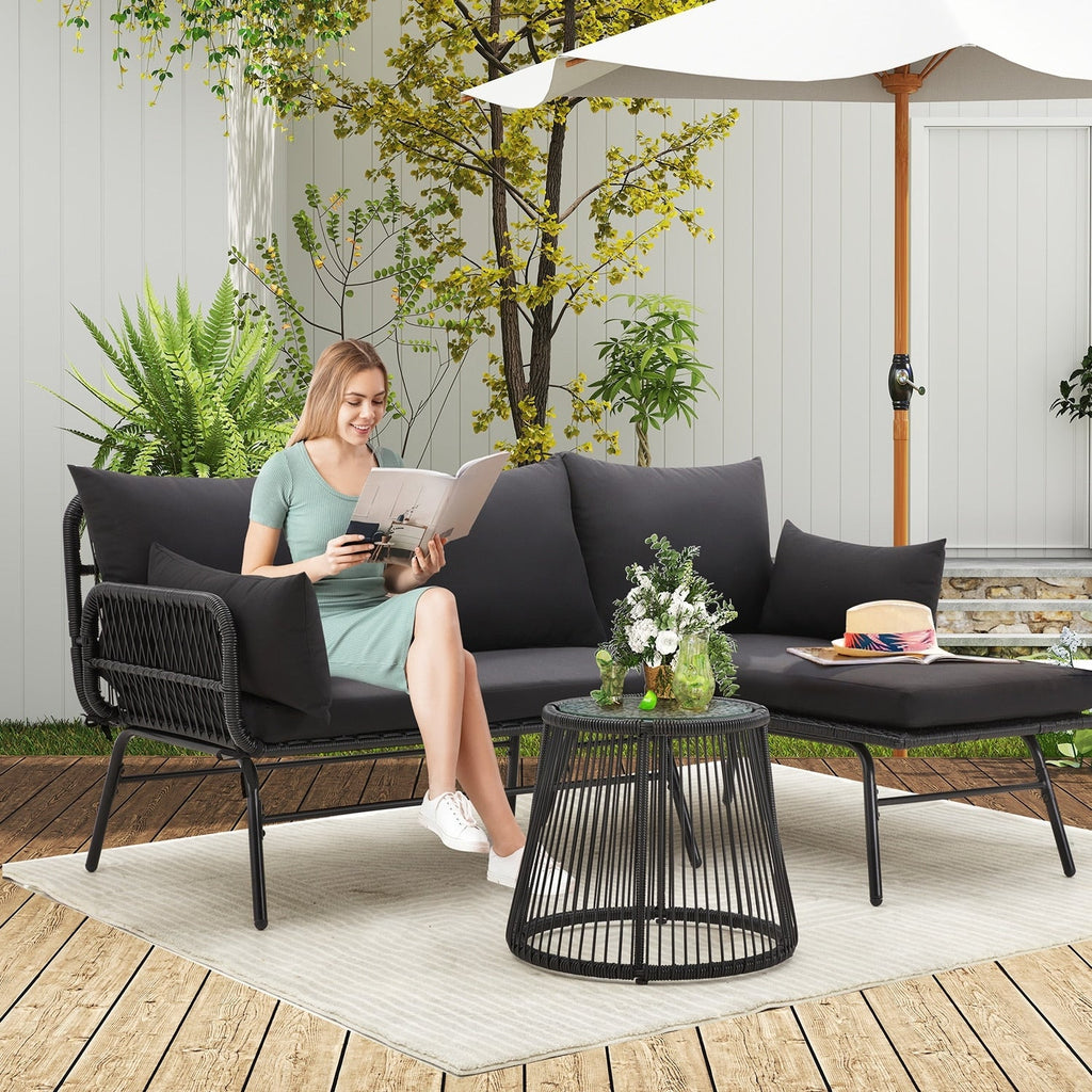 Ensemble de canapés de conversation sectionnels en osier, ensemble de meubles de patio 3 pièces avec coussins épais et table basse en verre trempé