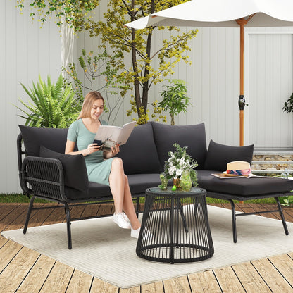 Ensemble de canapés de conversation sectionnels en osier, ensemble de meubles de patio 3 pièces avec coussins épais et table basse en verre trempé