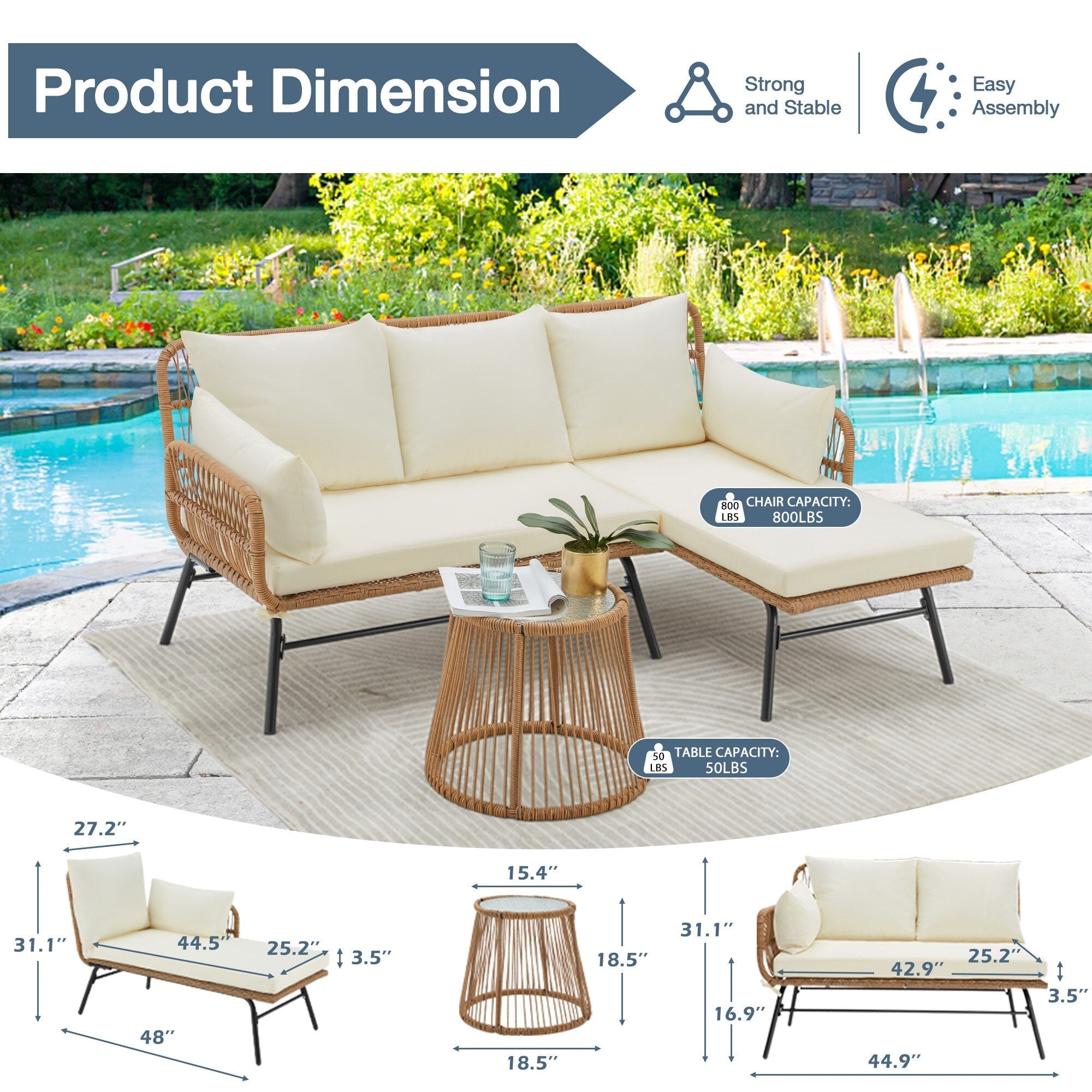 Ensemble de canapés de conversation sectionnels en osier, ensemble de meubles de patio 3 pièces avec coussins épais et table basse en verre trempé