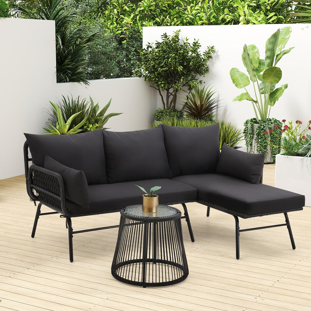 Ensemble de canapés de conversation sectionnels en osier, ensemble de meubles de patio 3 pièces avec coussins épais et table basse en verre trempé
