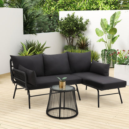 Ensemble de canapés de conversation sectionnels en osier, ensemble de meubles de patio 3 pièces avec coussins épais et table basse en verre trempé